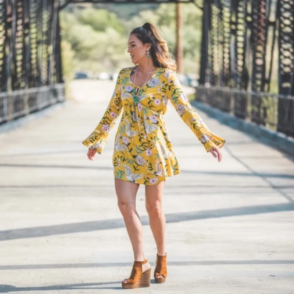 Yellow Floral Bell-sleeve Dress - Picture 1 of 3